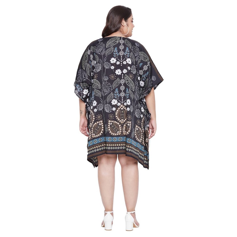 Black Floral Short Kaftan Knee Length Tunic Beach Summer Wear Beach Cover-Up - Picture 6 of 9